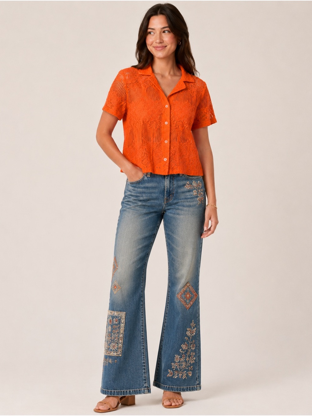 Anthropologie Maeve Orange Lace Button-Up Shirt Small Boho NWOT